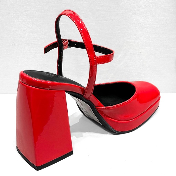 New Red Patent Mary Jane Platform Chunky Heel Pumps - Picture 3 of 4